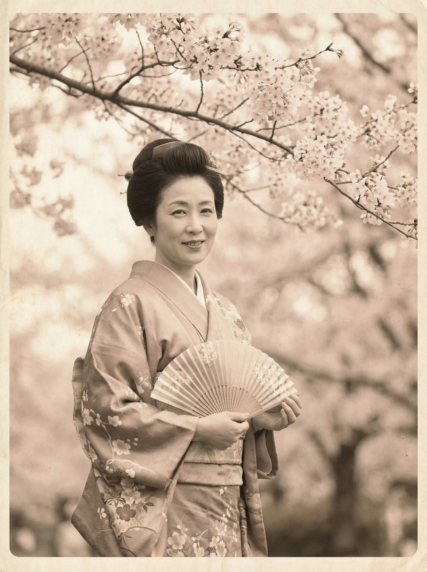 一位持扇的优雅 古东真理子 在樱花树下的复古写真