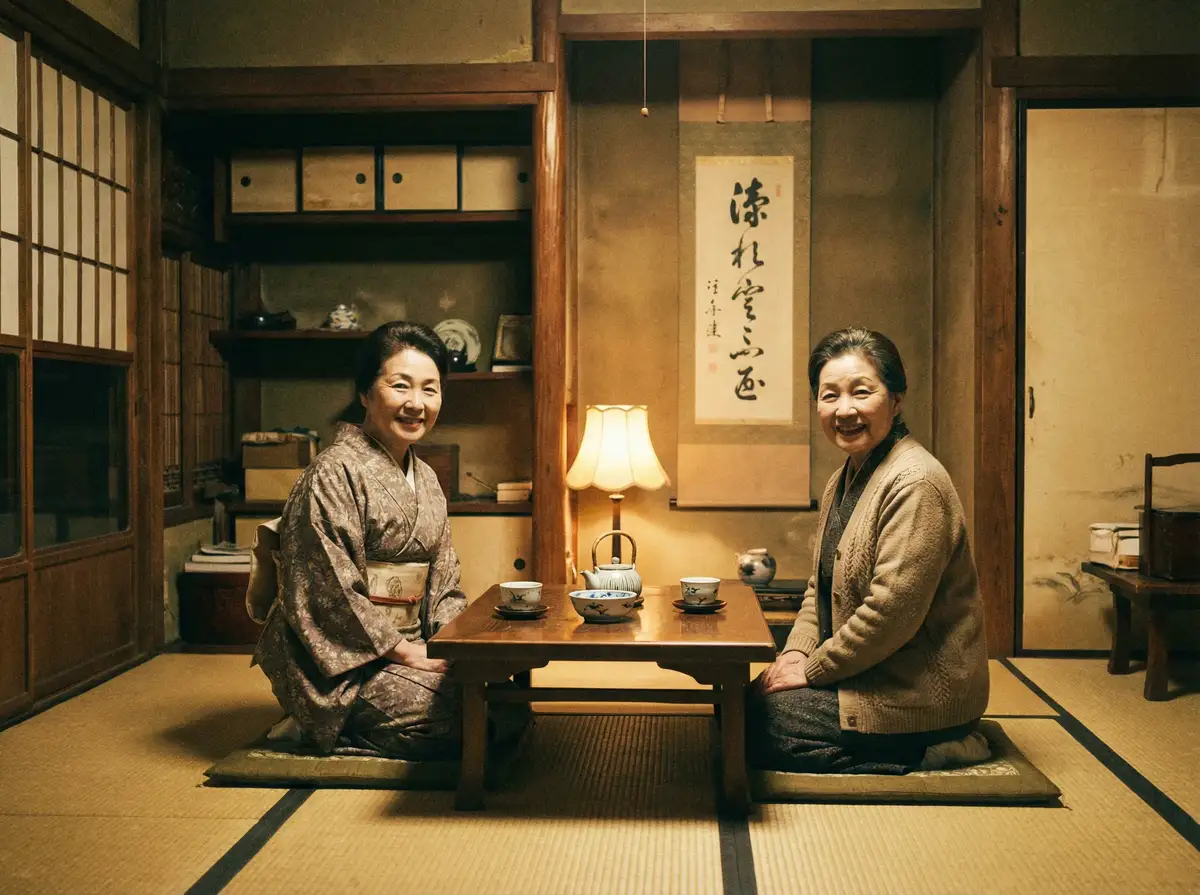两位优雅的 古东真理子 在日式茶室中品茶交谈
